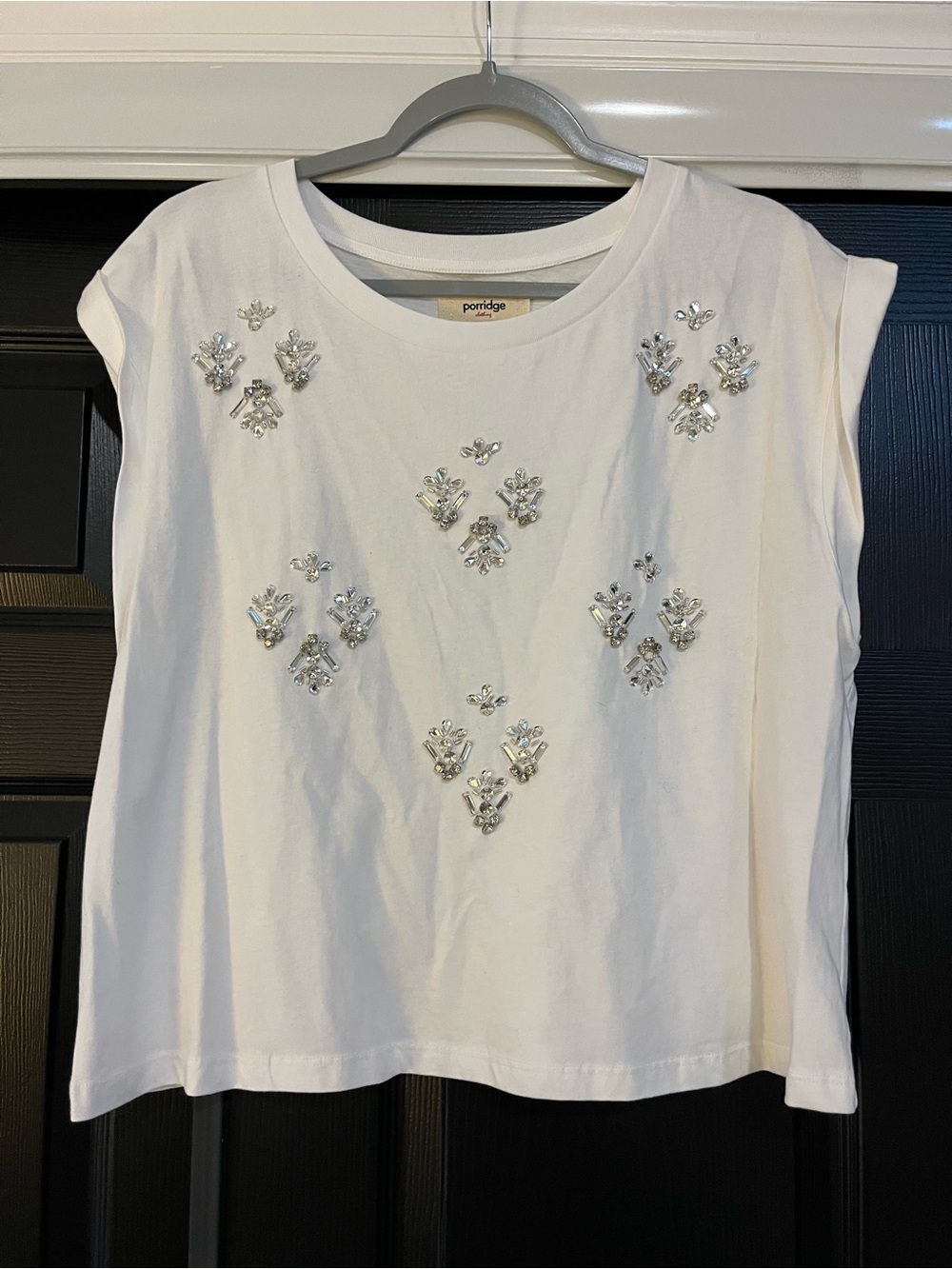Anthropologie White Jewel-Embellished Short Sleeve Tee
